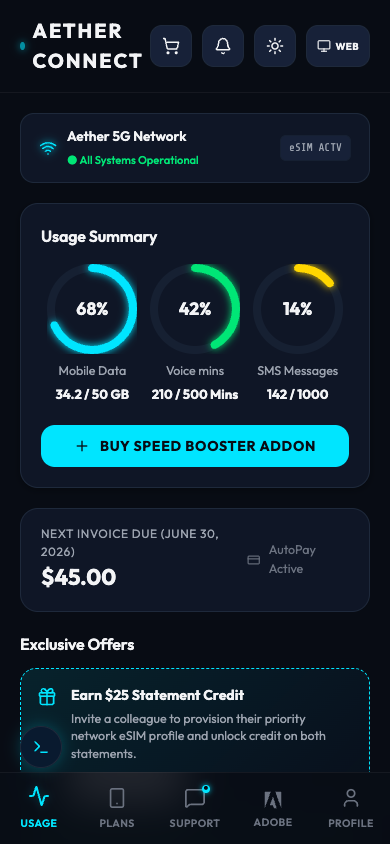 Aether Connect dashboard showing telecom usage metrics, invoice state, and an Adobe-personalized offer card.
