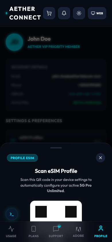 Aether Connect profile screen with the eSIM activation QR sheet open.