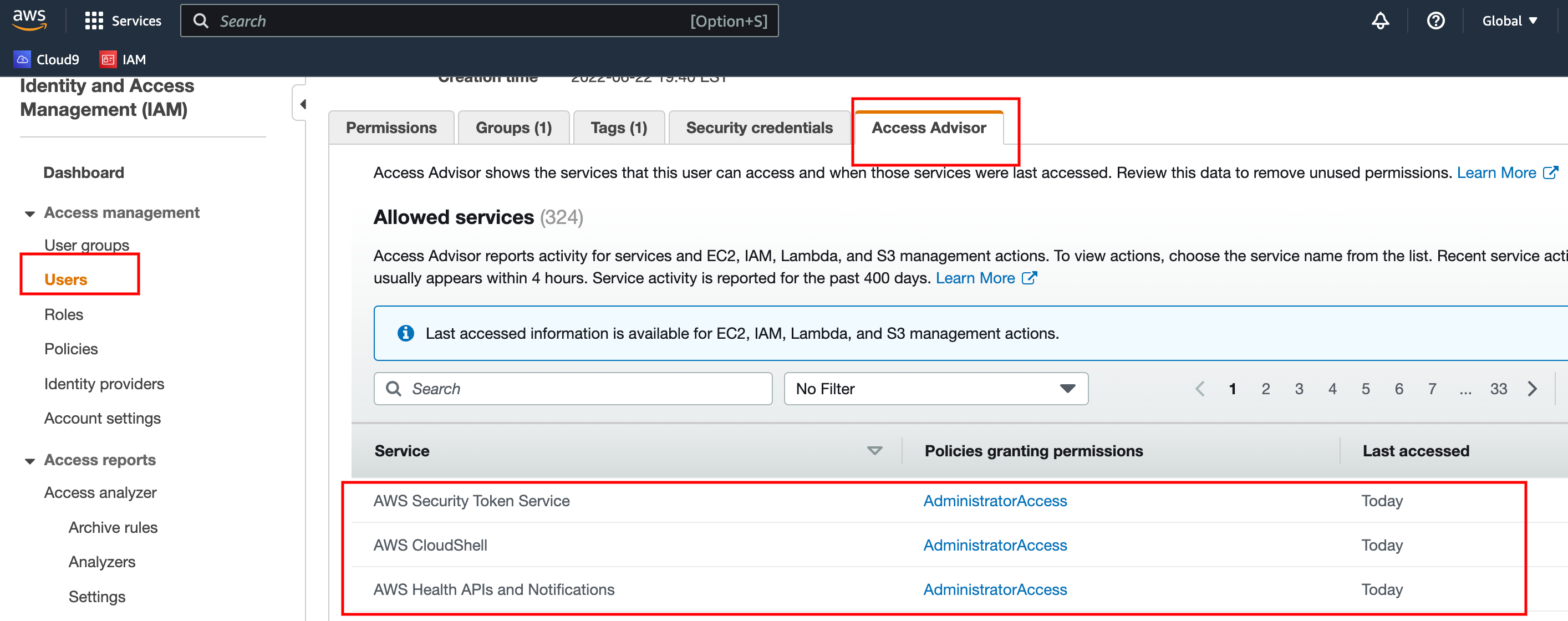 AWS IAM access advisor