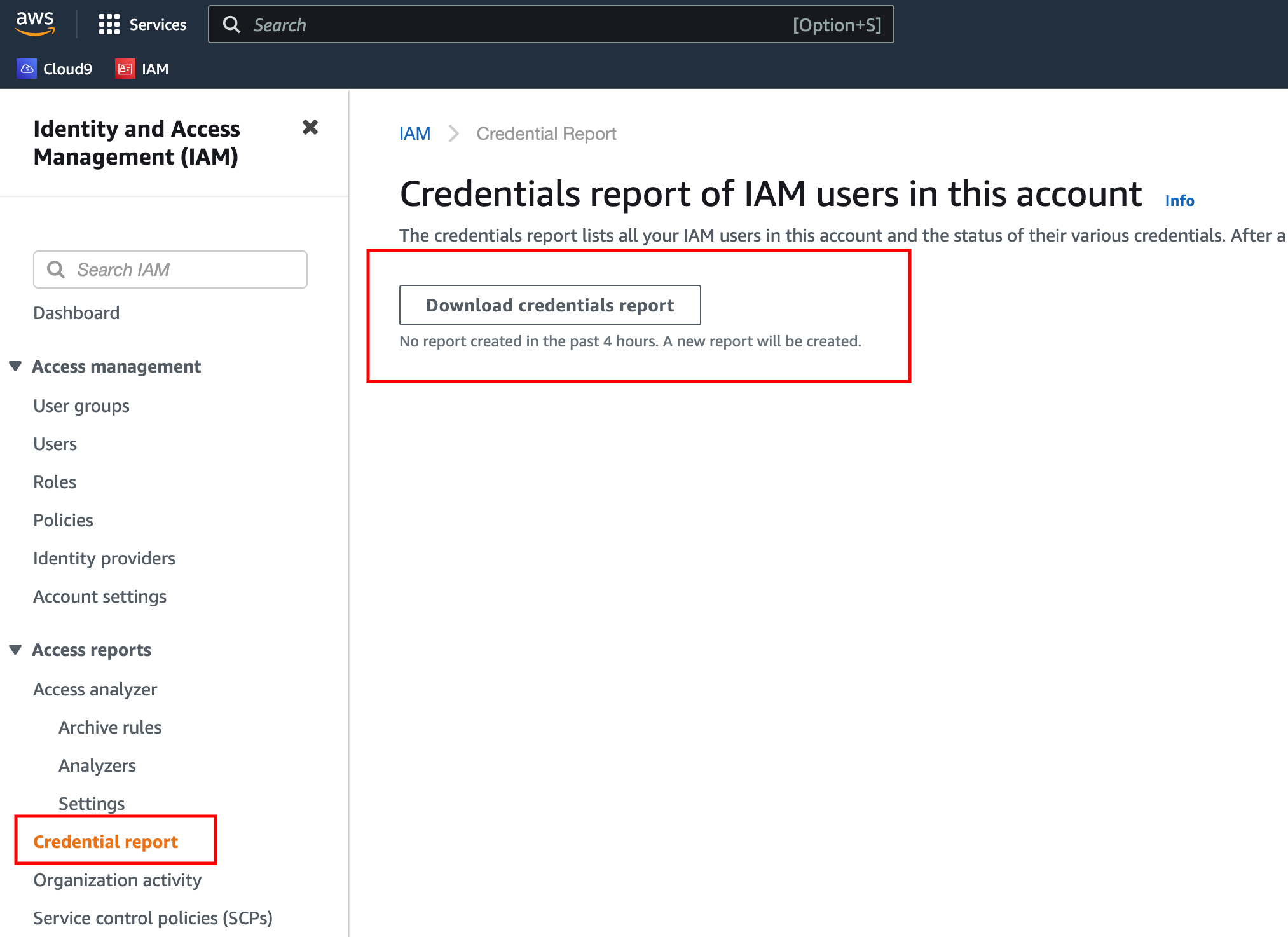 credential report of aws IAM